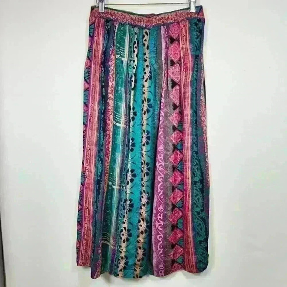 VINTAGE 80s Tofy Lightweight Rayon Silky Maxi Skirt Tribal Print Tropical Medium - Picture 4 of 8